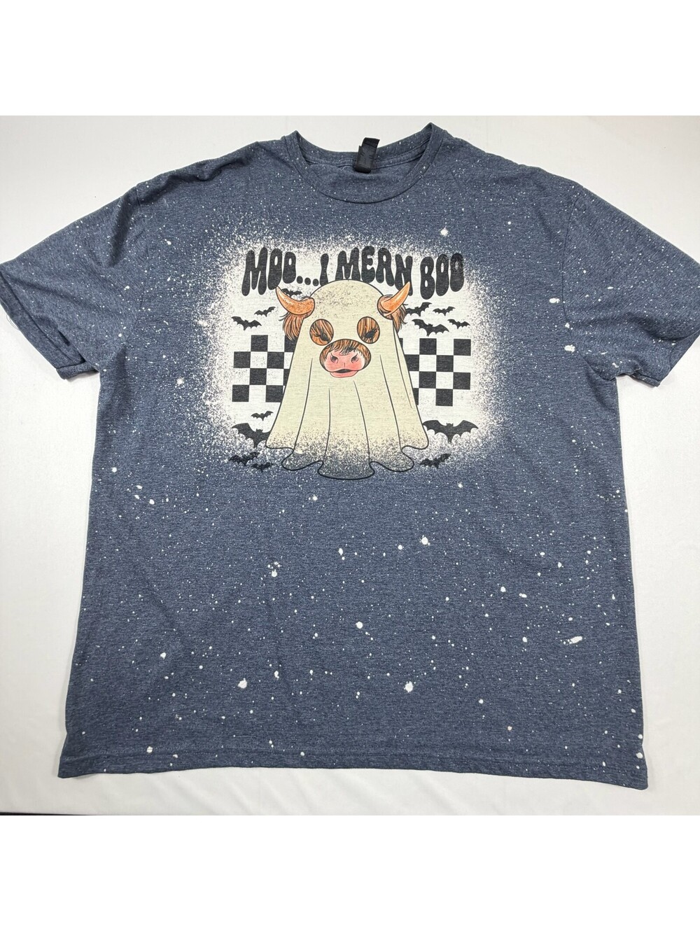 Gildan Softstyle 2XL Blue Graphic Tee with 'Moo...I Mean Boo' Ghost Cow Print